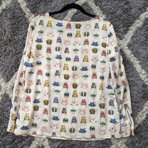 Talbot's Vintage Tea Cup Print Long Sleeve Polyester Blouse Size Women's L - Picture 3 of 7